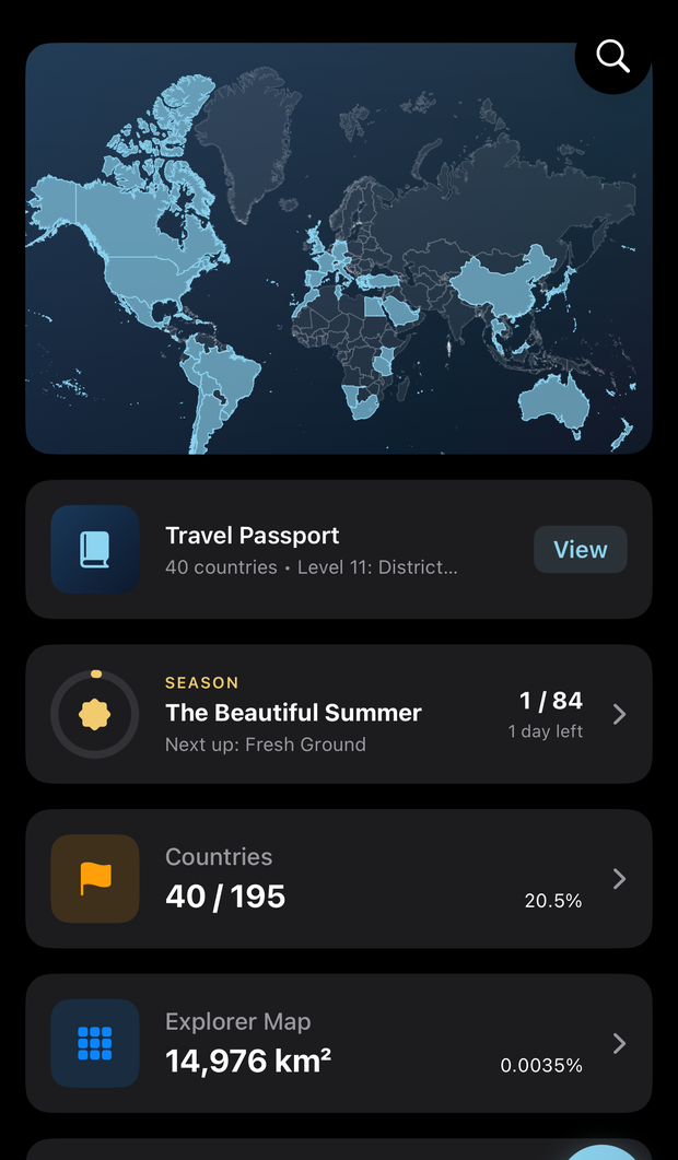 The Statlas dashboard on iPhone: a world map with visited countries shaded, above a travel passport reading 40 countries.