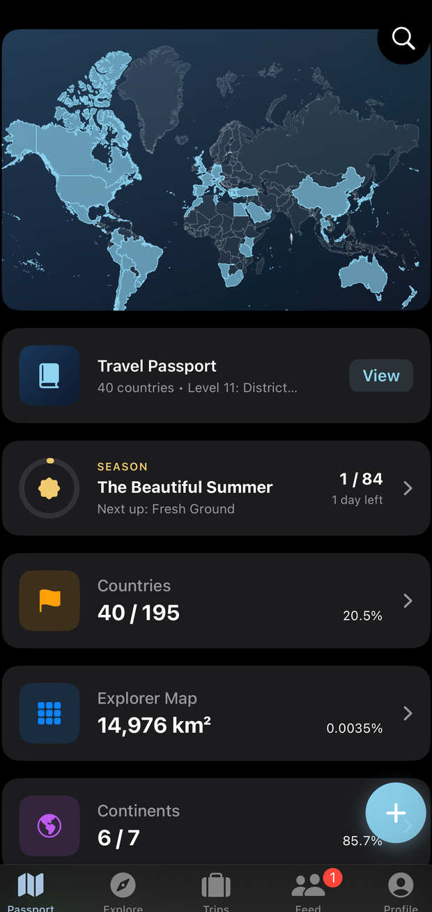 The Statlas dashboard on iPhone: a world map with visited countries shaded, above a travel passport reading 40 countries.