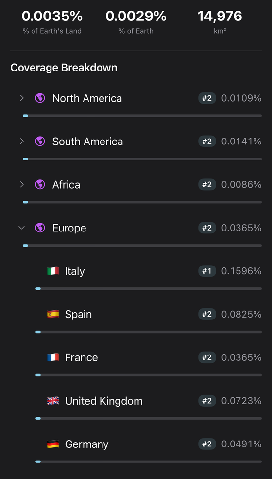 The Statlas coverage breakdown: percentage of Earth's land covered, per-continent coverage with ranks, and a rarity score with legendary hexagons.