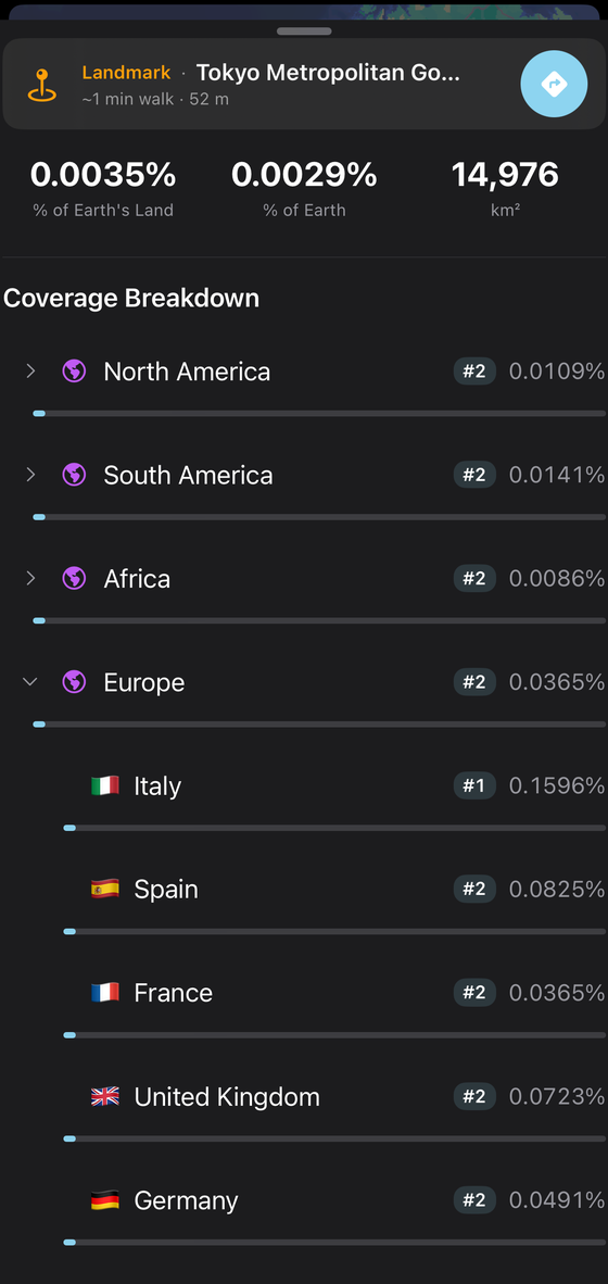 The Statlas coverage breakdown: percentage of Earth's land covered, per-continent coverage with ranks, and a rarity score with legendary hexagons.