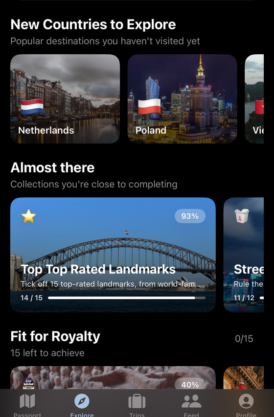 The Statlas Discover screen: new countries to explore, and collections you are close to completing at 93 percent.