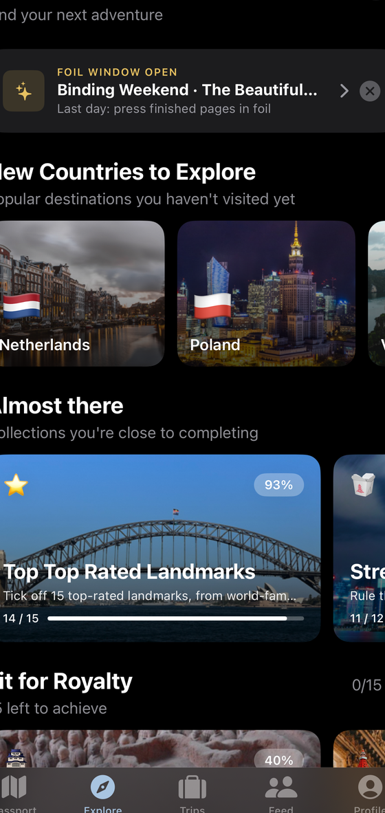 The Statlas Discover screen: new countries to explore, and collections you are close to completing at 93 percent.