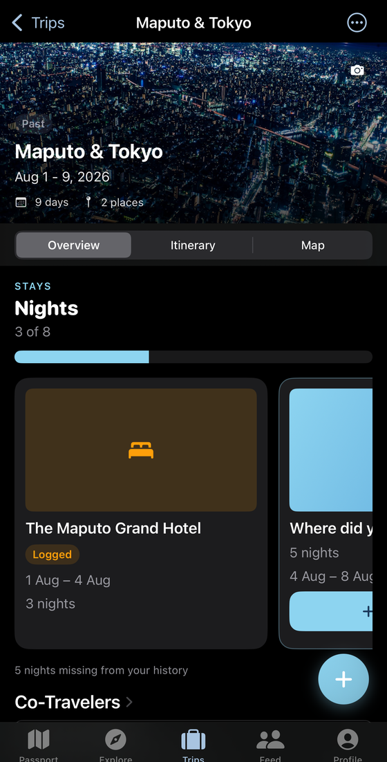 A Statlas trip: Maputo and Tokyo, nine days and two places, with a hotel stay card reading The Maputo Grand Hotel, three nights.