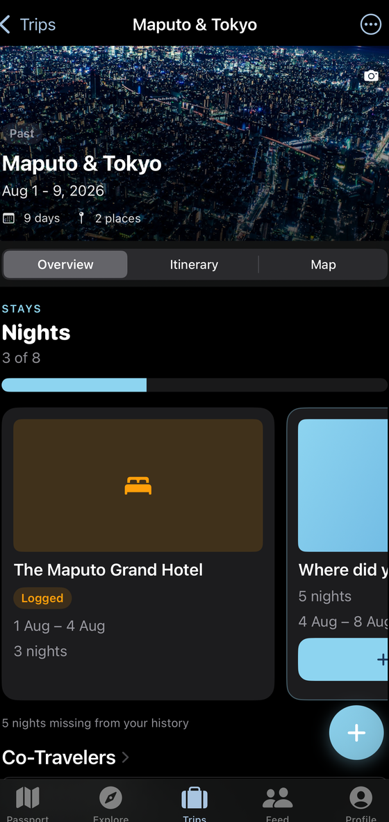 A Statlas trip: Maputo and Tokyo, nine days and two places, with a hotel stay card reading The Maputo Grand Hotel, three nights.
