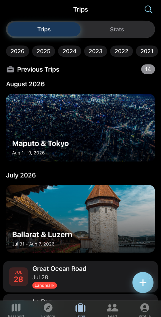 The Statlas trips list: photo cards for Maputo and Tokyo and for Ballarat and Luzern, each with dates over a cover photo.