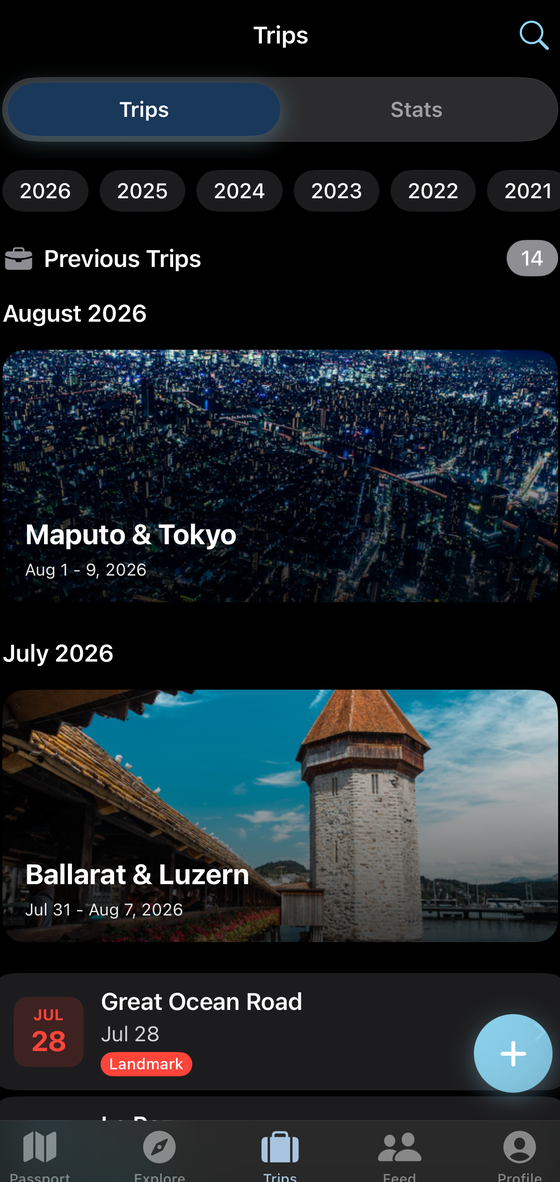 The Statlas trips list: photo cards for Maputo and Tokyo and for Ballarat and Luzern, each with dates over a cover photo.